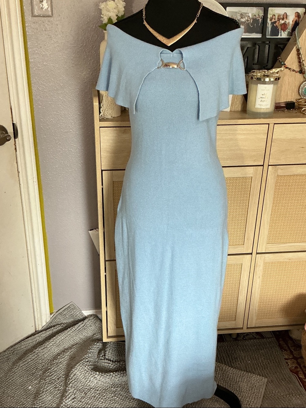 Off-Shoulder Light Blue Knit Maxi Dress with Ring Detail
